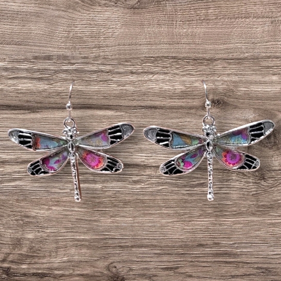 Silver And Colorful Enamel Boho Dragonfly Earrings New - Picture 2 of 3